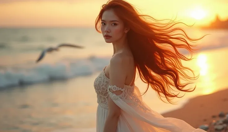 Generate a visually striking and ethereal captivating ginger woman gracefully standing by the seashore. Her name is Nova Kyilin,20-year-old asian woman,  fair and light ivory skin tone,dark wavy hairs,Looking straight to the camera, face focus, Enveloped i...