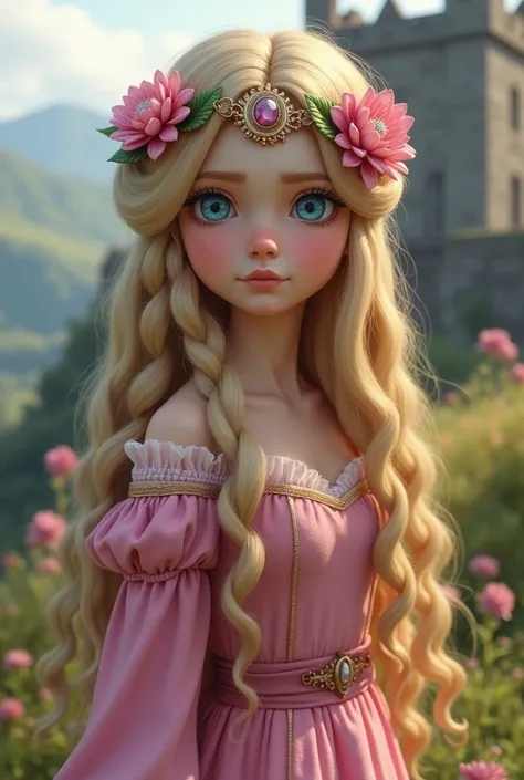  A girl:  with wavy hair , blonde and long ,  blue eyes , beautiful, with a sad look,  Celtic princess in the background a Scottish castle , pink dress,  with flowers in her hair like tiara and small braids