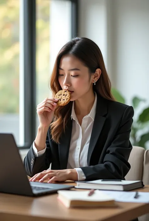 A person working in an office or studying , with a healthy cookie in hand while taking a break.