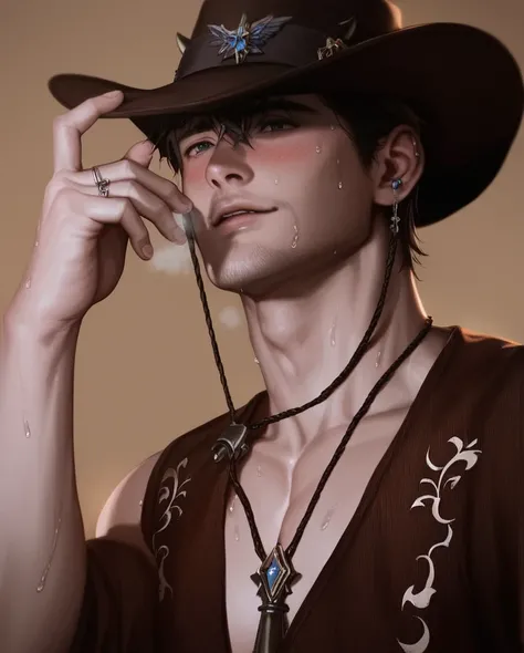 best quality, masterpiece, extremely detailed, close up of muscular bodybuilder man, 1 man, cow boy, soft medium length curtain bangs, blushing, panting breathing, sexily, exposed torso, no background, very seductive expression, ambient lighting, extremely...