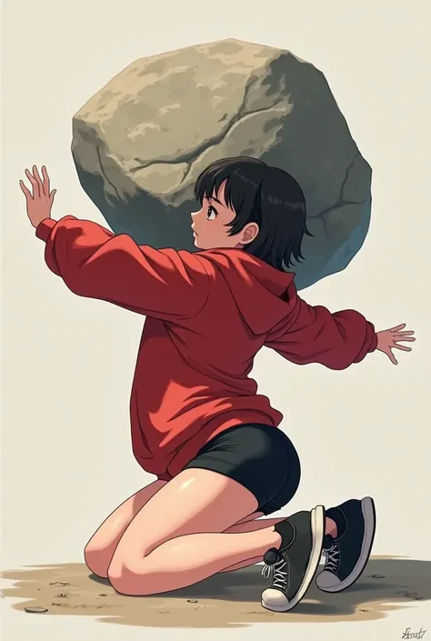 girl, anime, adolescent, chompa roja, black shoes with white toes, kneeling,  with a large rock that replaces your head,  with arms outstretched ,  anime style,  boxer shorts color black,  long legs,  big thighs , The buttock upwards