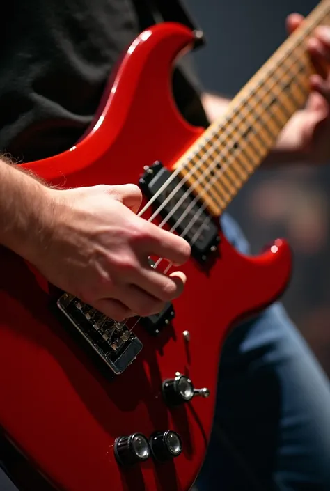 Close-up of electric guitar plucking, focus on strings and fingers. Yamaha SG2000 guitar and slightly blurred background to emphasize hand movement on guitar. Warm lighting, concert stage atmosphere, shallow depth of field to emphasize details on guitar bo...