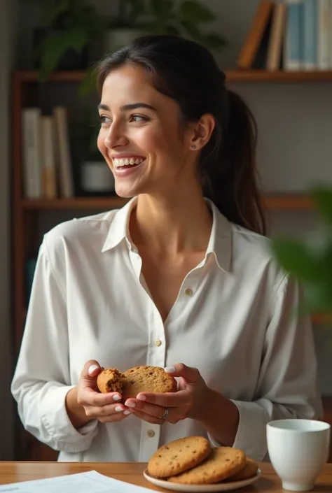 A Latin American woman working in an office or studying ,  with several healthy cookies in her hand while taking a break.