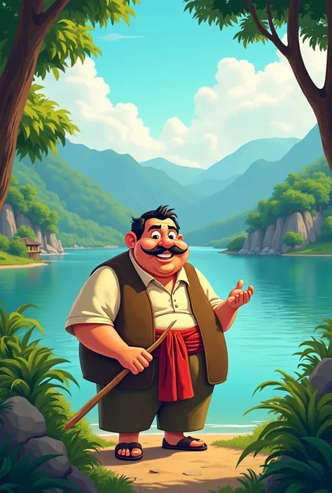 Create a cartoon dad in the story of the legend of Lake Toba 