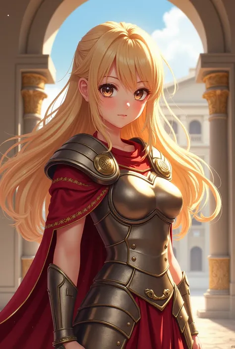 A young girl,  Roman soldier from the Centurion patent, She is blonde and cute , in anime version