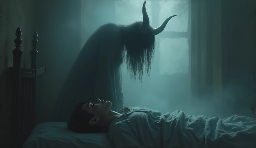 heavy fog , dark environment, Shadow of a horned woman next to a bed with a young man sleeping,  impressionist painting style 