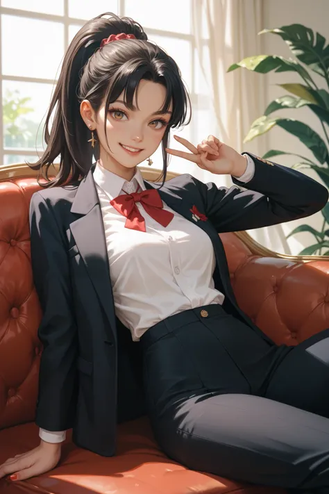 Slender women　 Japanese　 wearing a suit 　 is holding up her index finger　 ponytail　 sitting on the couch　Look straight ahead and smile　 The bangs are about half the length of the forehead　 long, dark hair 　 ponytail アニメ美少女