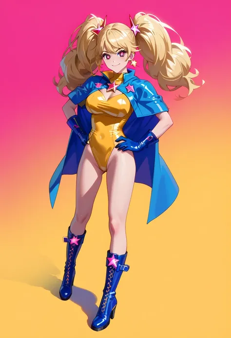 score_9_up, score_8_up, score_7_up, solo, source_anime, 1girl, super hero girl, star-shaped pupils BREAK 

Large breasts, Blonde hair, red eyes, twintails, big hair BREAK 

Latex, ((yellow leotard, gold leotard)), bare legs BREAK blue gloves, blue cape, hi...