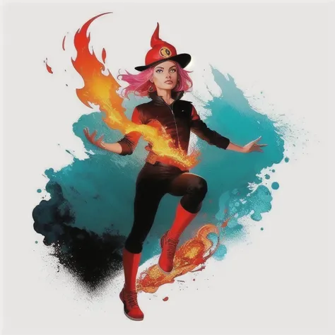 ((masterpiece, best quality)),(  negative space :1.4),(1 , Alone:1.4), detailed and beautiful eyes, floating pink hair,  red hat , fireball, casting a fire spell, orange and red fractal background,  looking to the side,  teal eyes ,  full body , jumping