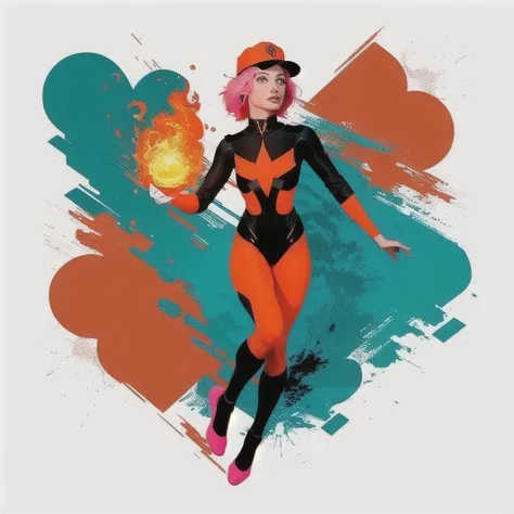 ((masterpiece, best quality)),(  negative space :1.4),(1 , Alone:1.4), detailed and beautiful eyes, floating pink hair,  red hat , fireball, casting a fire spell, orange and red fractal background,  looking to the side,  teal eyes ,  full body , jumping