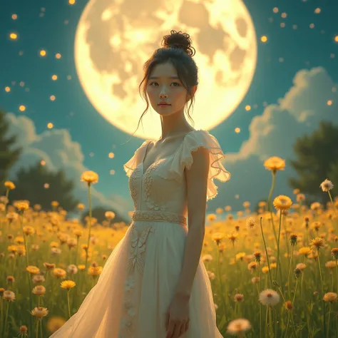 FULL BODY, 30 year old Korean woman, very beautiful, round face, hair pulled up in a slightly messy bun, face looking at the camera, wearing a beautiful frilled dress and a chiffon skirt with a unique embossed butterfly motif, bright and colorful. wearing ...