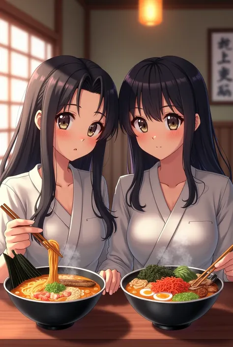 A Japanese woman with long black hair and a Japanese woman with semi-long hair have lunch at a ramen shop counter　 selfie 