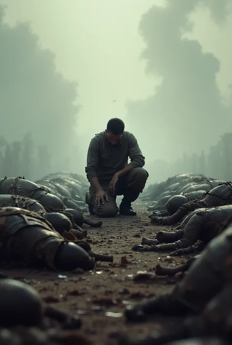 Man kneeling in the middle of a war full of dead people