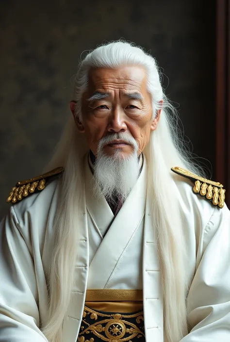 Live Action Elderly Asian man with Long Flowing White Hair, Wearing a LONG Sleeved, White Japanese Royal Robe With Sholder pads, Ove a White Dress Shirt and Golden tie