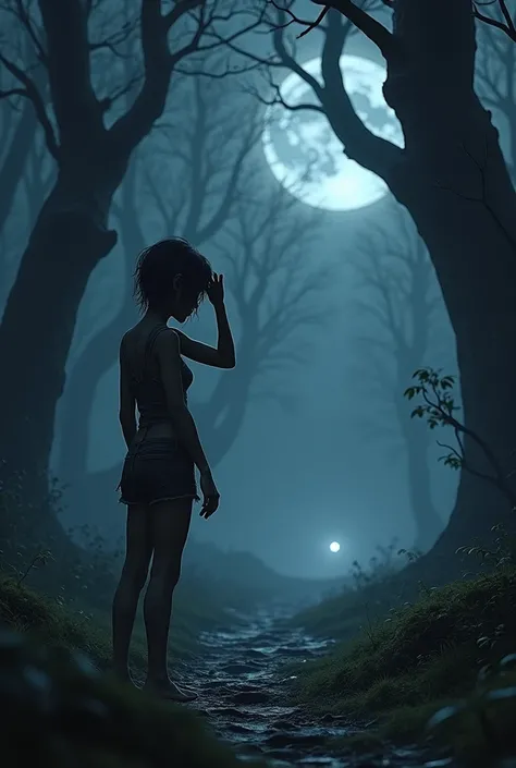 A 3D animation of A dark, eerie forest at night, bathed in moonlight, with towering trees that have twisted, gnarled branches. The ground is covered in damp moss and scattered leaves, with a soft mist hovering above it. In the foreground, a young woman, dr...