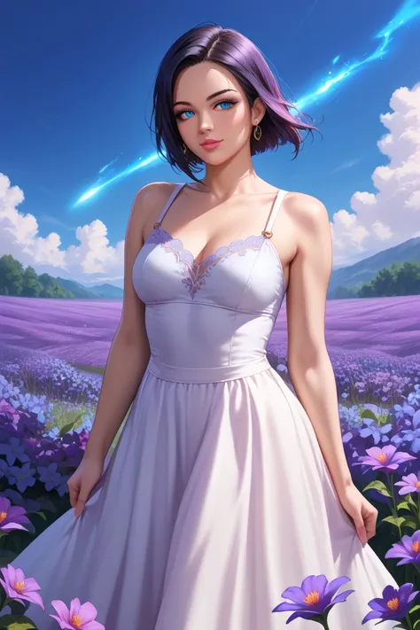 a beautiful young woman with long flowing dark hair, glowing skin, and piercing blue eyes, wearing a low-cut white dress, surrounded by glowing pink and purple flowers, standing in a moonlit field, with a dreamy, ethereal atmosphere, highly detailed, photo...