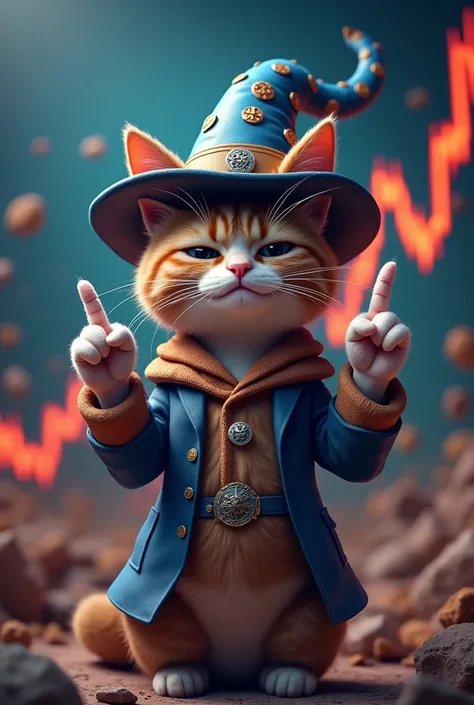 Create an image of a cat wearing a magical hat. Holding up two middle fingers with uptrending charts behind. Make it very funny 