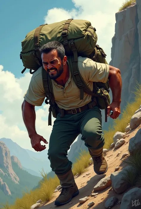 Man climbing a hill with a heavy backpack complaining