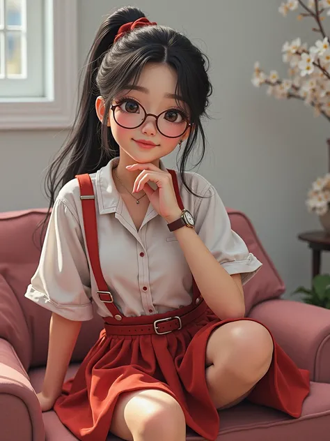  cute girl, solo, long hair, skirt, shirt, black hair, ribbon, sitting, ponytail, glasses, belt, watch, wristwatch, photo background ,high_resolution ,excellent, performance and top quality, hyper_detail ,8k