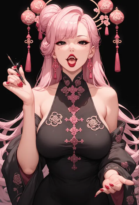 mixed_artwork style, (detailed eyes), (Mature woman), beautiful woman, medium breasts, (pink long hair), Side bangs, (black white oriental dress), black eyes, red lipstick, mole under eye, huge body, (open mouth), pretty nails, cute fangs, full view