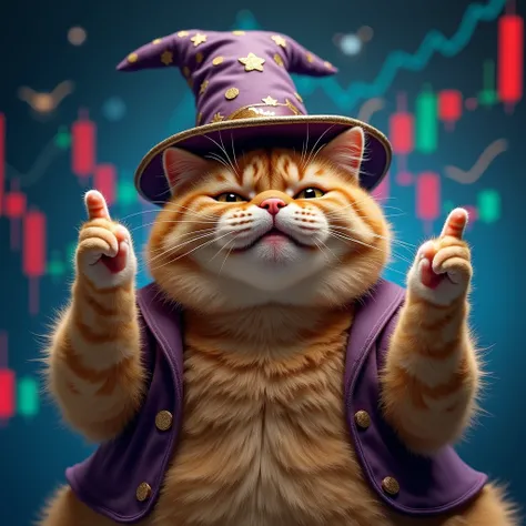 Create an image of a cat wearing a magical hat. Holding up two middle fingers with green uptrending charts behind. Make it very funny. The cat is fat  