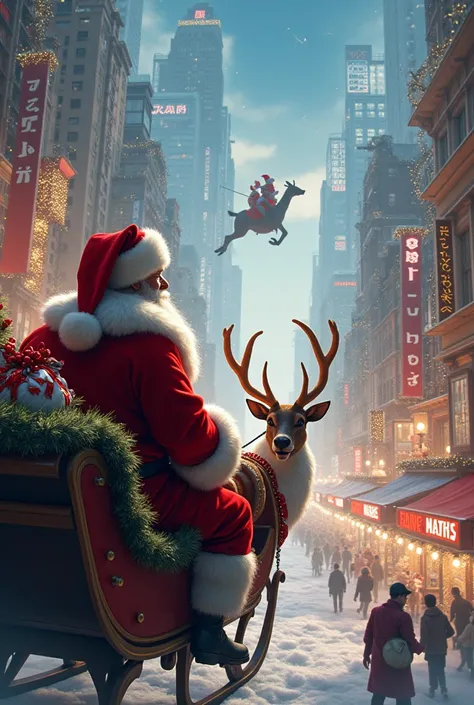 Santa Claus arriving in town and sees shopping malls exploding commercial Christmas 