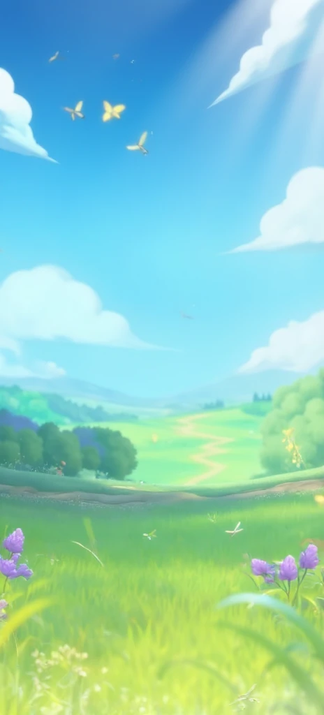 Sky，grassland，Clouds，European and American cartoon style，