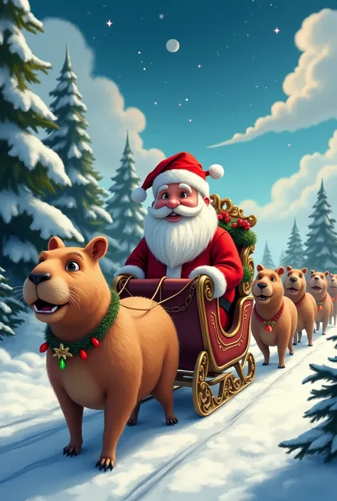 Santa Claus with a sleigh guided by capybaras