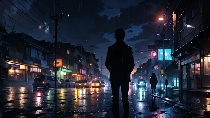  High Quality Masterpiece  ,Reflector。 Works by Makoto Xin Haicheng, Beautiful anime scene, anime landscape, Detailed landscape ,  Makoto Shinkai style,Black-haired.  In the city,Buildings,Back view of man 1,Standing at night ,Rainy Weather,rain cloud,Dark...