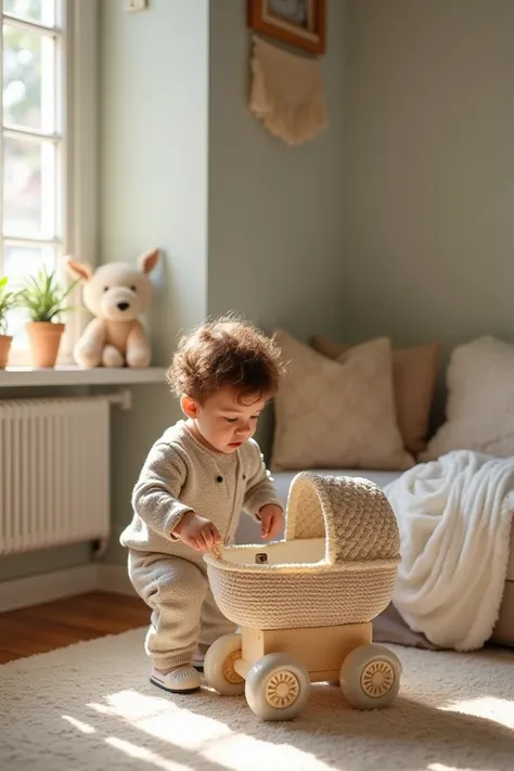 Boy playing with a stroller on the floor in a clean little room with neutral colors and crochet clothes 