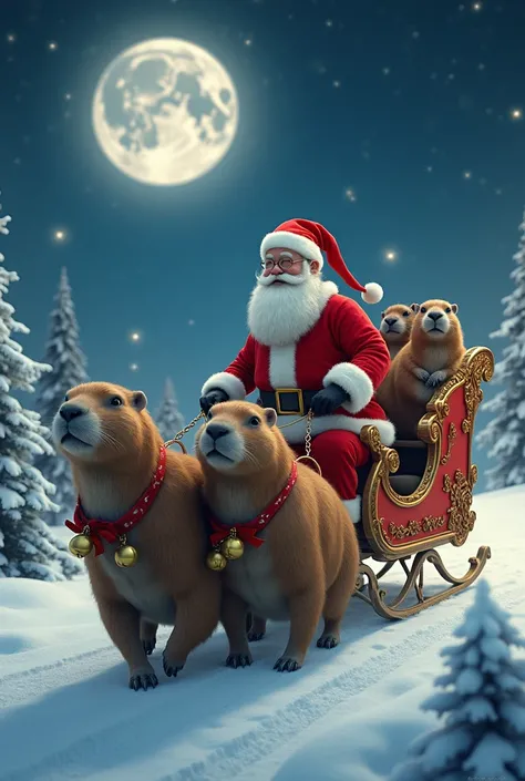 Santa Claus with a sleigh guided by capybaras in realistic style