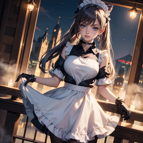 1girl, black maid dress, jewelry, purple hair, flowing hair, long hair, black maid dress with a short skirt and layers, maid dress, maid, white maid apron, maid headdress, purple laces, black boots, black dress with transparency, gold details on her clothe...