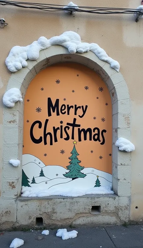 A poster on a deserted exterior wall, Cut into the shape of letters, (text:"Merry Christmas") The word, Big Bold, Draw inside the cutout, BREAK Art that inspires creators to create images, An aesthetic world that unfolds behind the characters、ピンク