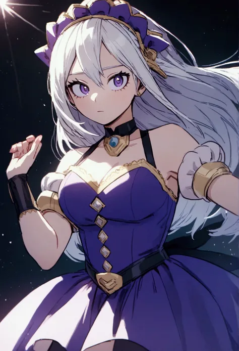 My hero academia, girl with long straight white hair and purple eyes, fancy dress