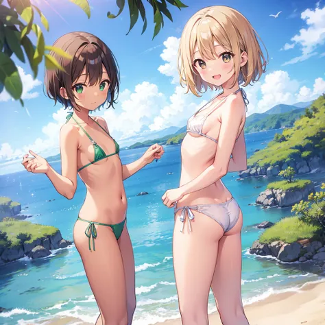 top-quality、 very delicate and beautiful、 elementary school girl、  5th grade 、（（Green micro bikini））、Mesugaki、smile、Blonde、(Brown Skin)、 ocean with jungle in the background、 standing、 Shorthair