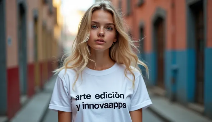 Blonde woman wearing white t-shirt with text " arte edición y innovaapps   " standing on the left side of the image  