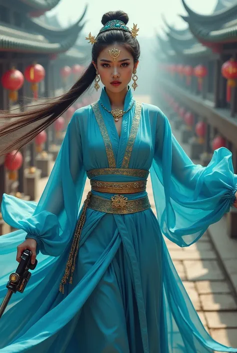  How to take photo from above . art： Zao Wou-ki Close-up Extreme , Focus on the face, Women ( wearing hijab ) wearing Hanfu blue, pendekar sword Tiongkok berhijab, floating in ancient Chinese cityscape 、 Stretch your body ,  Solo GoPro Shooting ,  Enemies...