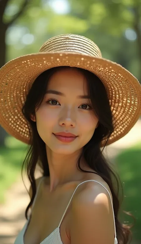 A close up of a woman wearing a straw hat in a park