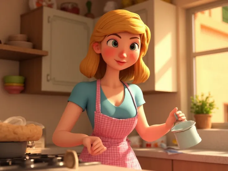 young housewife in the kitchen washing dishes. shoulder length blonde hairstyle. wide blue eyes. wearing d-cup tight light blue dress showing cleavage and checked pink apron. pixar 3d