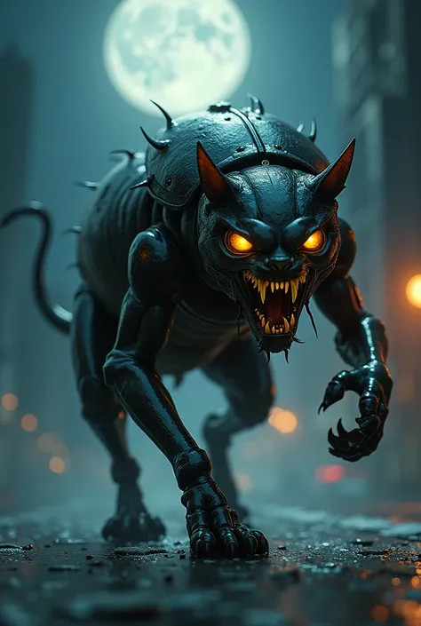  Under a full moon It barely illuminates the city ,  an abominable creature emerges ,  a grotesque fusion between a cat and a beetle .  His body is dark and muscular ,  a mix of feline agility with the hardness of an insect shell .  The creature has a tors...