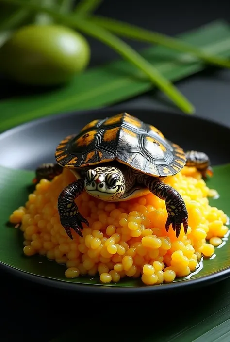  Please make a 2 dimensional image of , about stiky manggo rice ,with a black plate , lined with banana leaves and the prey cut turtle