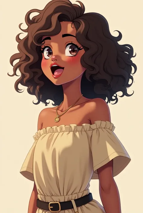 A black teenager, Curly hair 3b medium brown. with 1. 58 tall and 37 kg , wearing a casual dress . anime style 