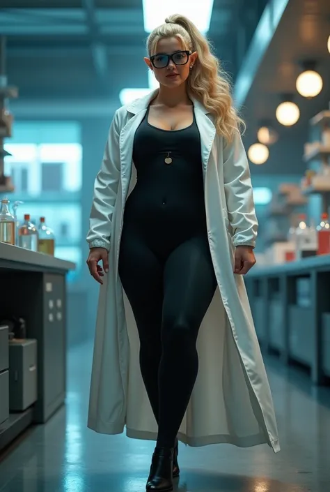 Blonde curvy Scientist superhero very curvy with very big butt. Elf ears and an amazing superhero suit. Fit body big muscular legs. Full body shot head to toe. standing against glowing background. Ponytail. Suit is inspired by Chemistry and Science. Wide h...