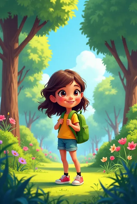 Make me all illustration of this
Illustration: Lila, a cheerful girl with a green backpack, standing in a lush park.
