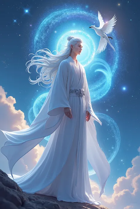 Style of Chinese Immortal Fiction, 3D animation. A 20-year-old man, 1.8 meters tall, with a relaxed yet dignified posture. He has a noble aura, wearing sparkling white imperial robes, long galaxy-colored hair, and silver eyes. Standing in space, looking do...