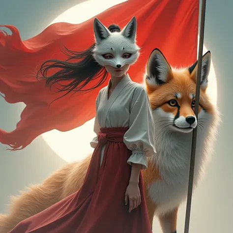 A beautiful Korean girl stands holding a flag, the word Tha2 is on the flag, with a fox mask on her head. The background is a nine-tailed fox.