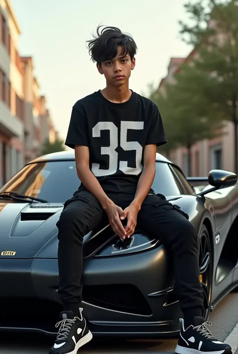 Un ado de style bad boy portant un t-shirt écrit 35 et les tenis sont des NIKE IRVING avec un pontalon noir qui est assis sur le capot dune koenigsegg et les cheuveux sont pas tres courts