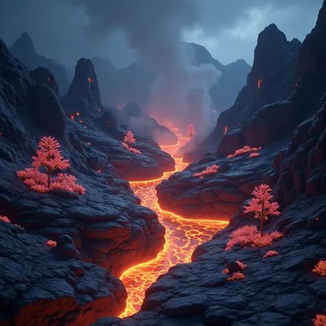 master piece. calidad superior, masterpiece: 1.5, La mejor calidad, ilustración, ultra-detallado, detallar finamente, alta resolución   Create a highly detailed, cinematic image of a volcanic biome on Zyphorion, where heat and cold coexist. The scene featu...