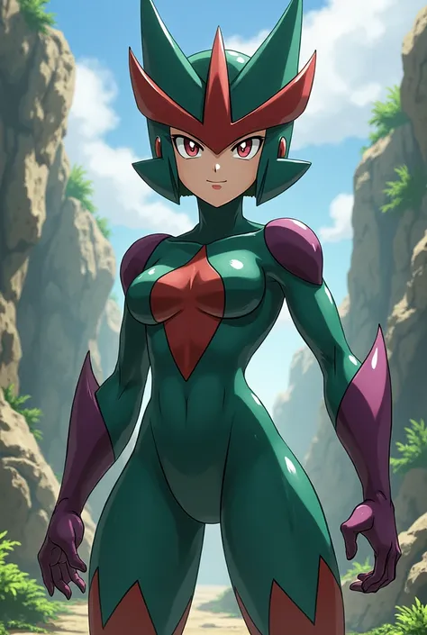 A female gallade with a muscular body, big breasts, a fighter and an athletic body. 