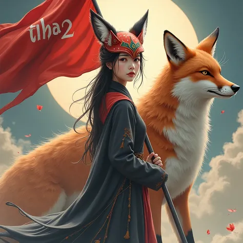 A beautiful Korean girl stands holding a flag, the word Tha2 is on the flag, with a fox mask on her head. The background is a nine-tailed fox.